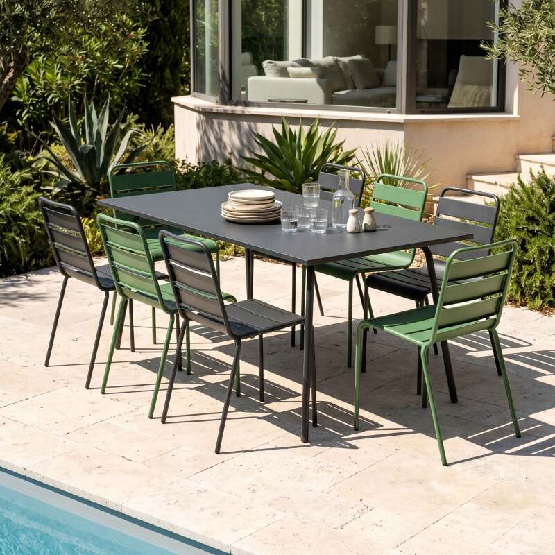 Mesa de jardín de metal 180x90 cm y 8 sillas desparejadas