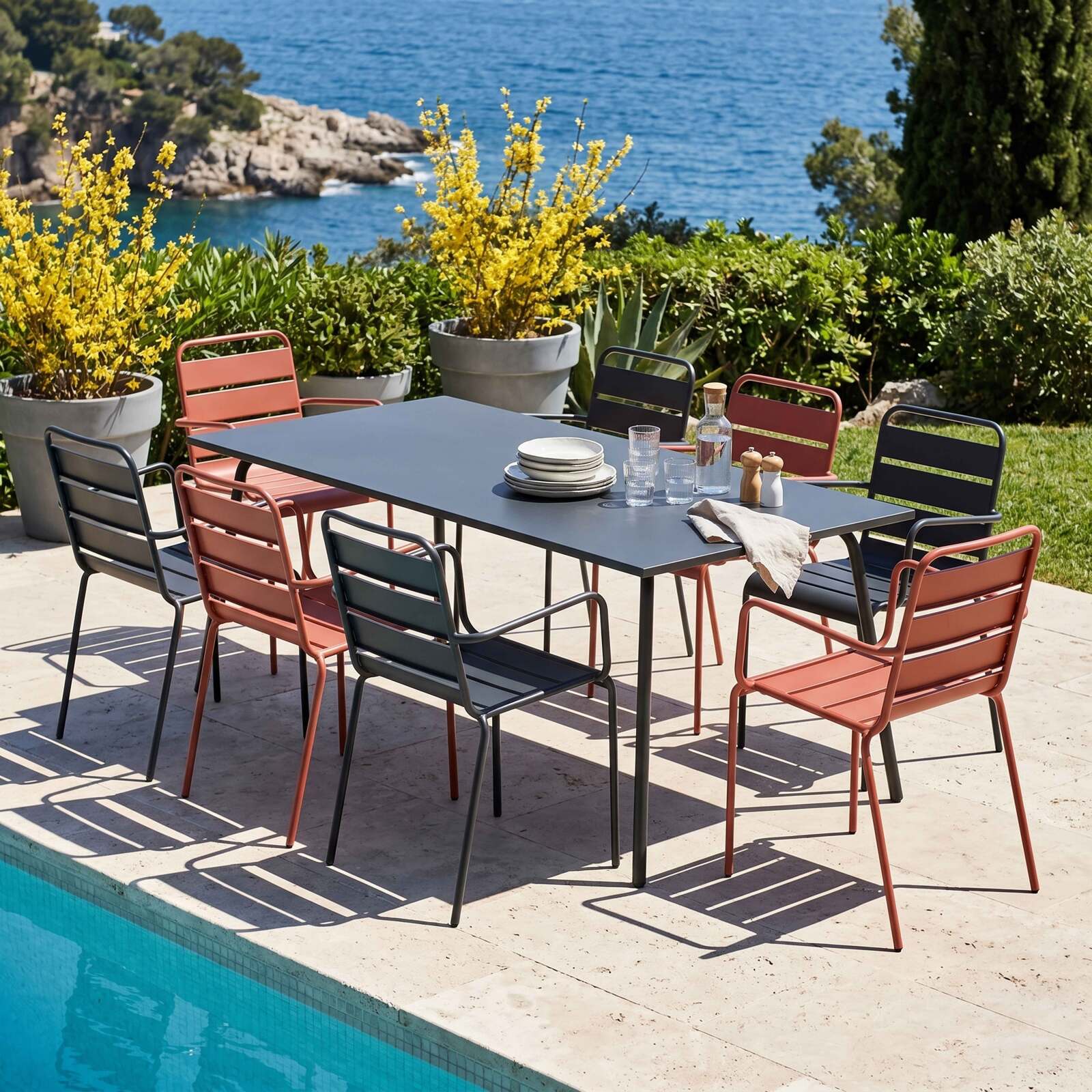 Mesa de jardín de metal de 180x90 cm y 8 sillas desparejadas con reposabrazos