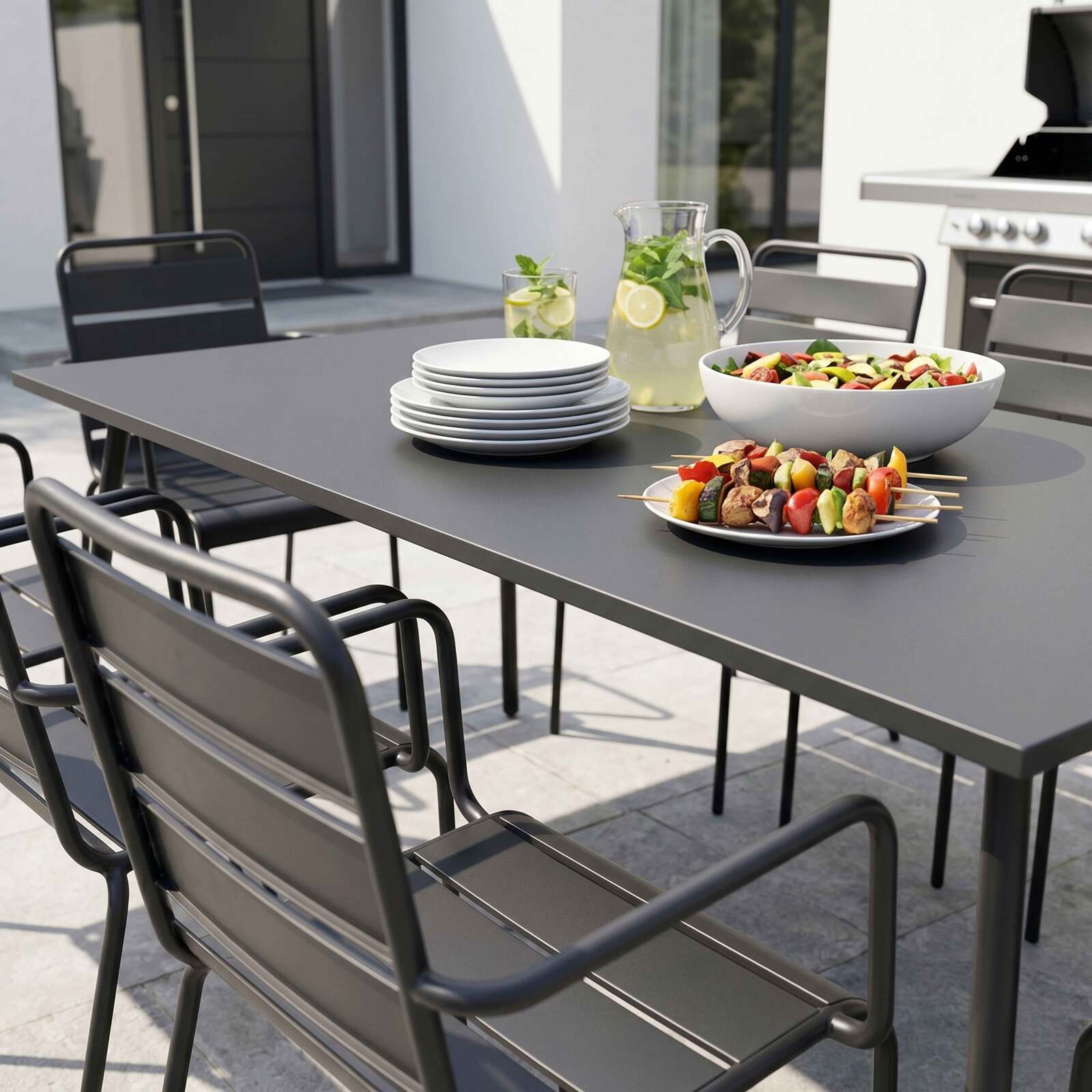 Mesa de jardín de metal 180x90 cm y 8 sillas con reposabrazos