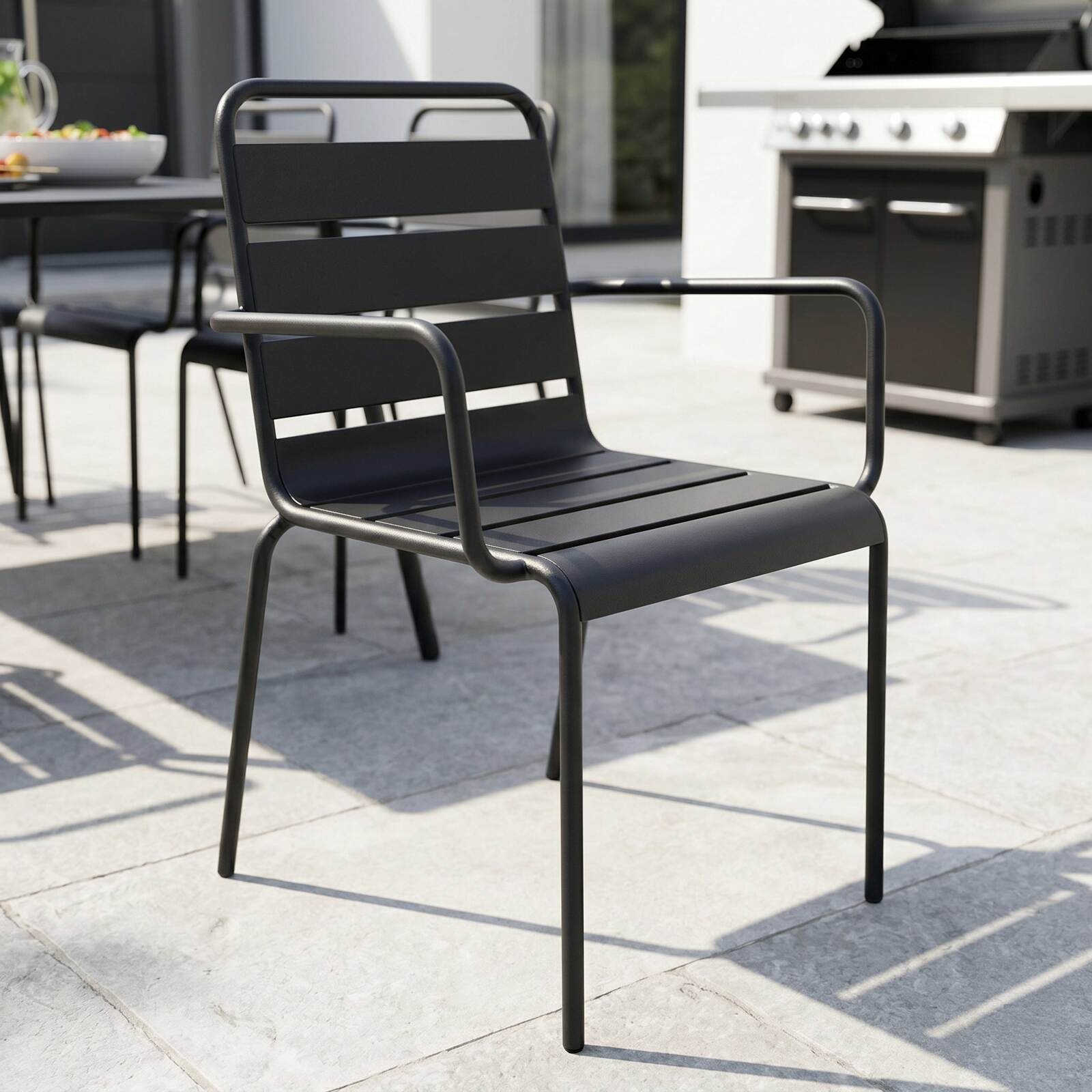 Mesa de jardín de metal 180x90 cm y 8 sillas con reposabrazos