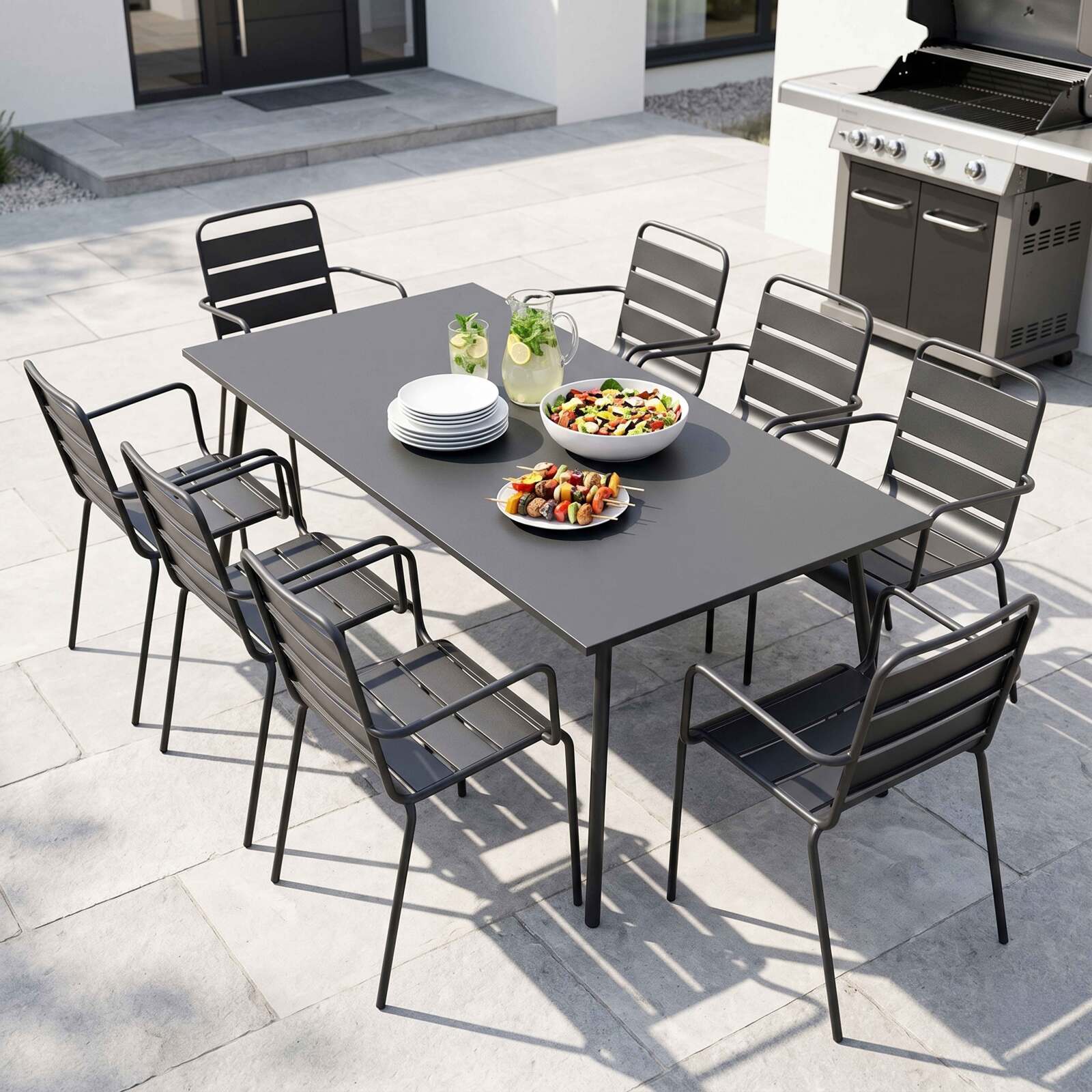 Mesa de jardín de metal 180x90 cm y 8 sillas con reposabrazos