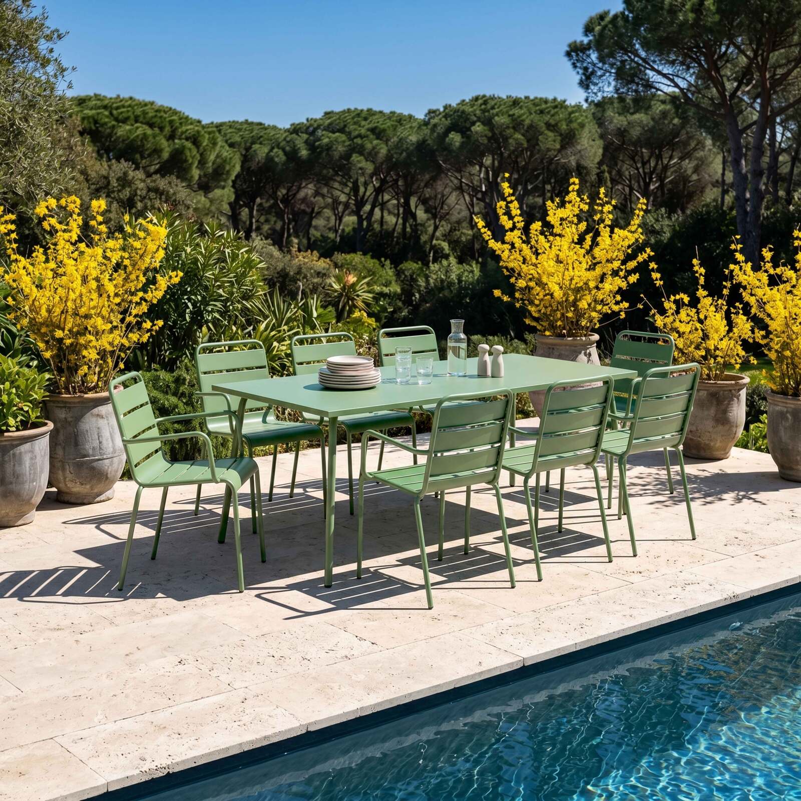 Mesa de jardín de metal 180x90 cm y 8 sillas con reposabrazos