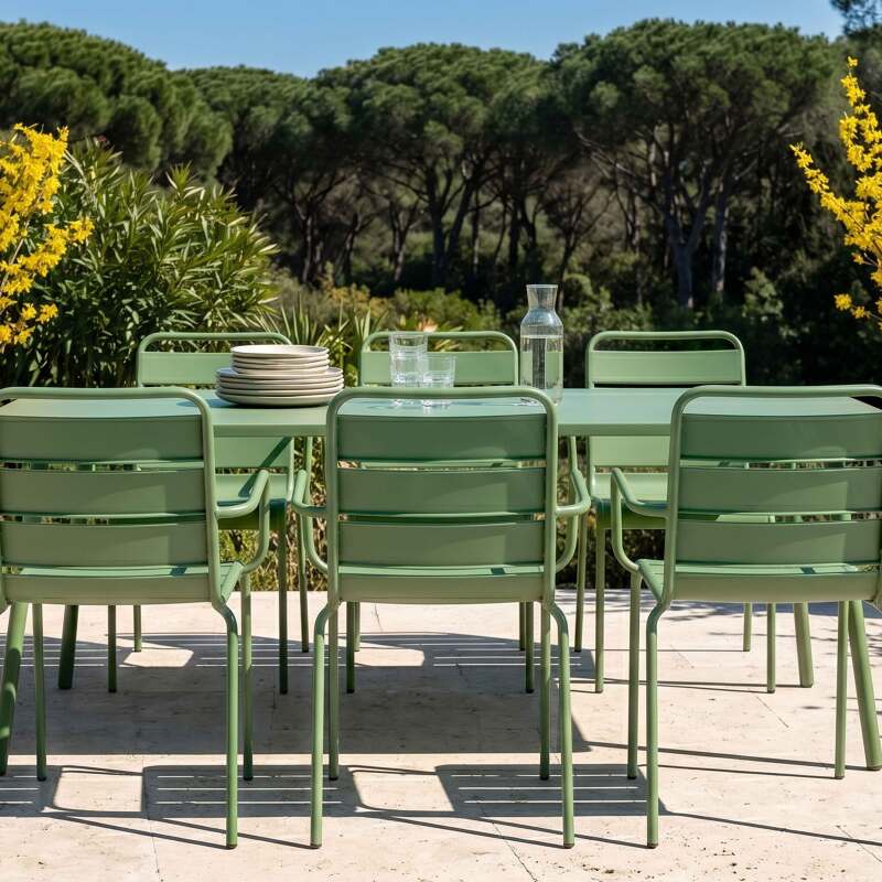 Mesa de jardín de metal 180x90 cm y 8 sillas con reposabrazos (2/7)