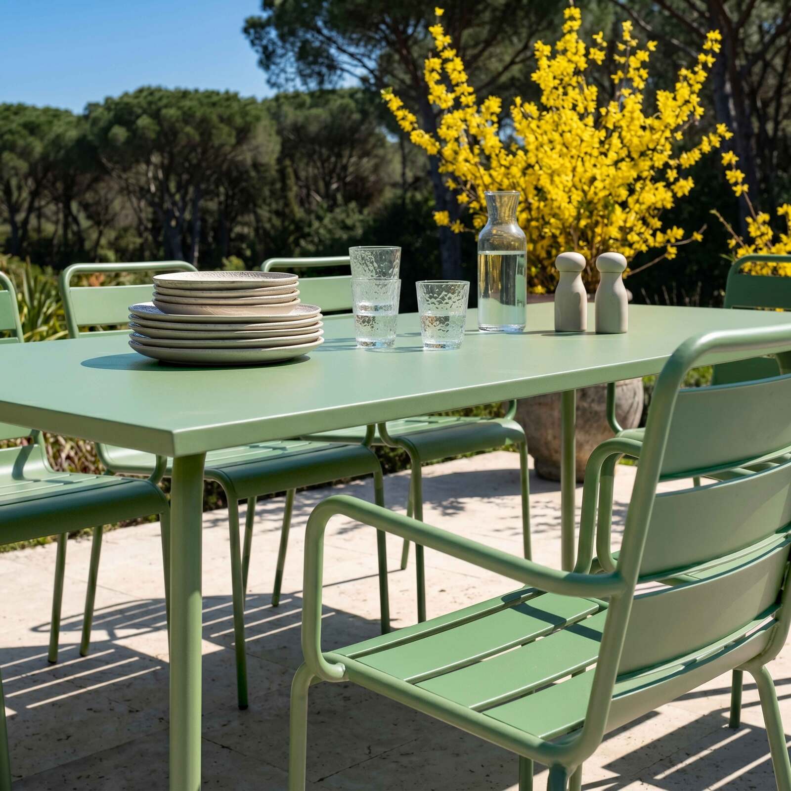 Mesa de jardín de metal 180x90 cm y 8 sillas con reposabrazos