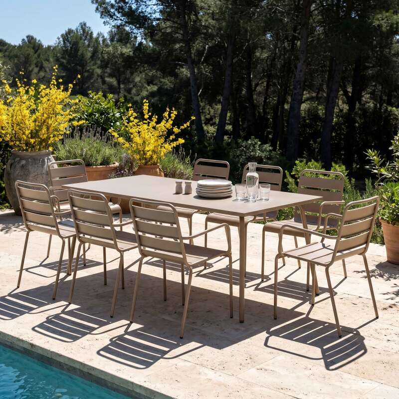 Mesa de jardín de metal 180x90 cm y 8 sillas con reposabrazos