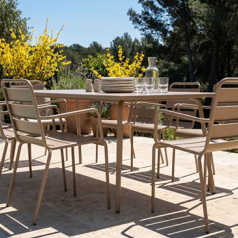 Mesa de jardín de metal 180x90 cm y 8 sillas con reposabrazos (3/7)