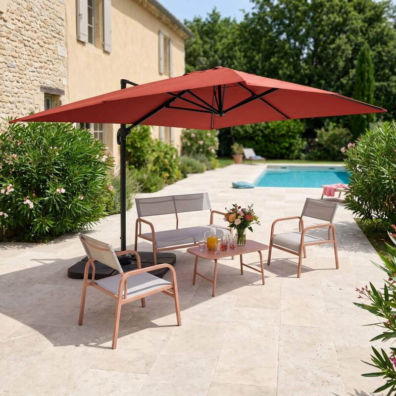 Parasol excéntrico 4x3 m rectangular inclinable giratorio 360° y 4 losas de lastre rellenables