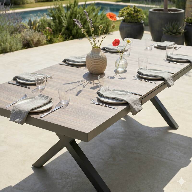 Mesa de jardín extensible de aluminio y cerámica efecto madera 200/260x100 cm y 10 sillas de textilene (3/9)