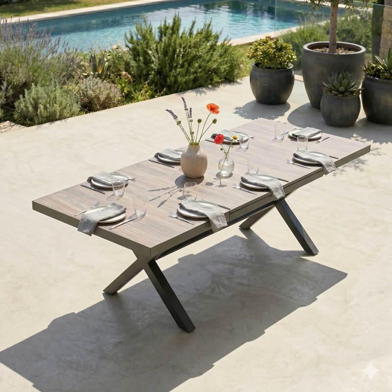 Mesa de jardín extensible de aluminio y cerámica efecto madera 8 a 12 personas 200/260x100 cm 