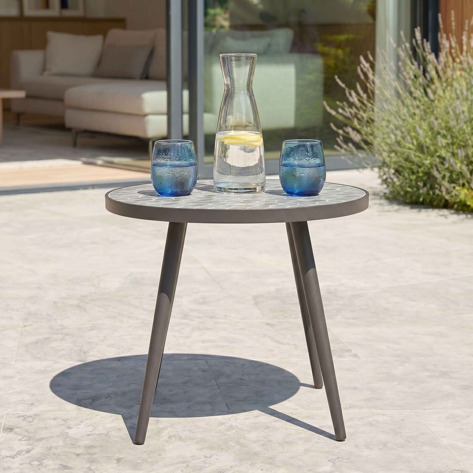 Mesa de centro de jardín redonda de cerámica y metal thermolacado motivo PALM Ø45x35 cm