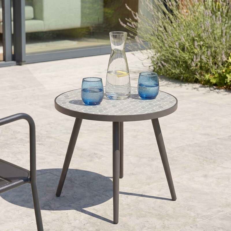 Mesa de centro de jardín redonda de cerámica y metal thermolacado motivo PALM Ø45x35 cm