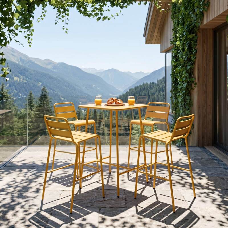 Mesa alta de jardín cuadrada de metal 70x70 cm y 4 sillas altas