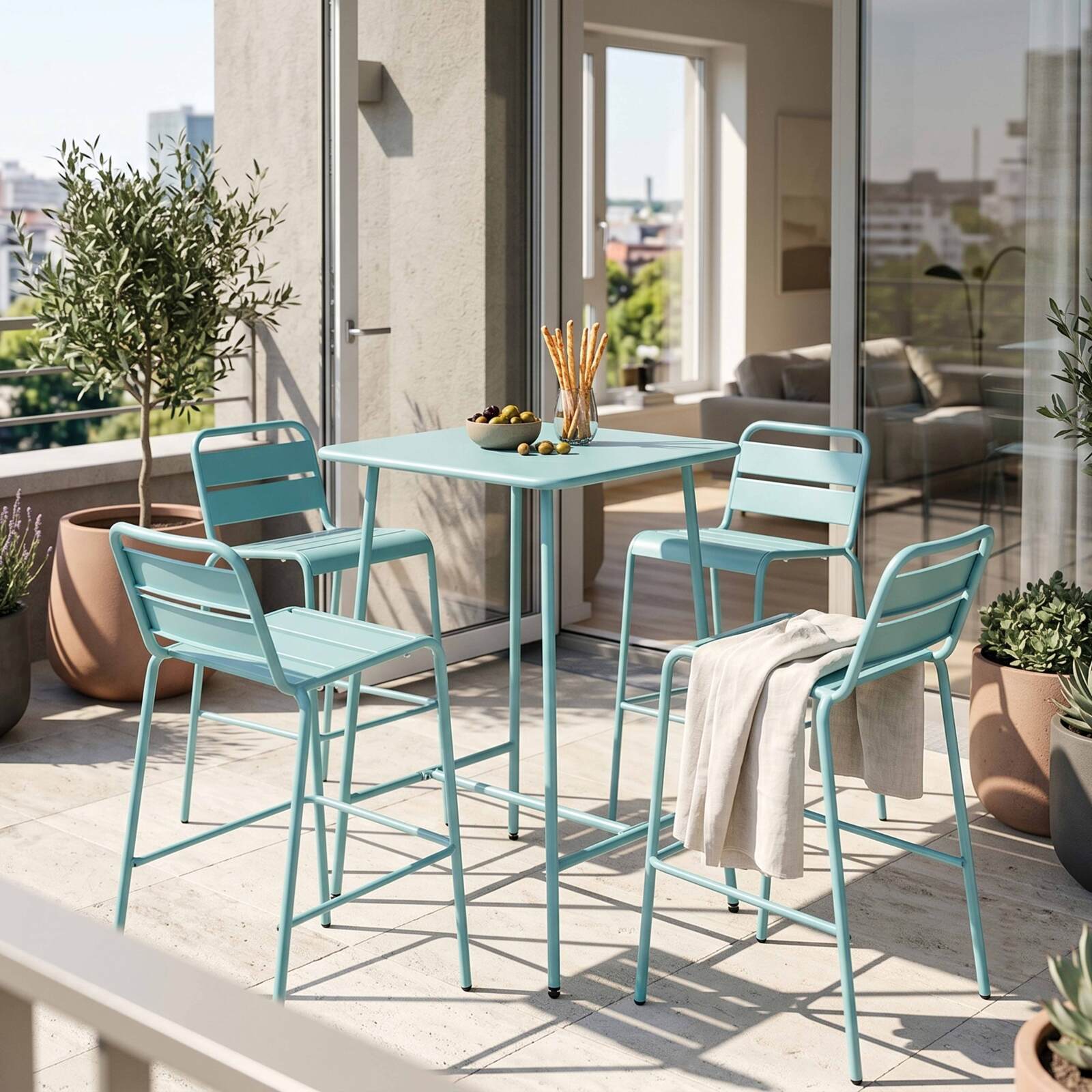 Mesa alta de jardín cuadrada de metal 70x70 cm y 4 sillas altas