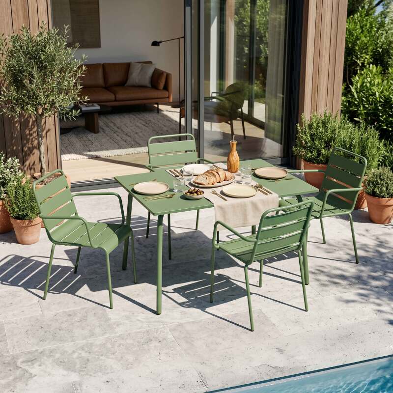 Mesa de jardín de metal 120x70 cm y 4 sillas con reposabrazos