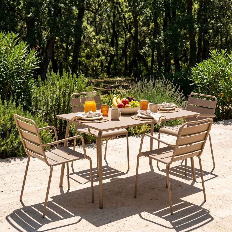 Mesa de jardín de metal 120x70 cm y 4 sillas con reposabrazos