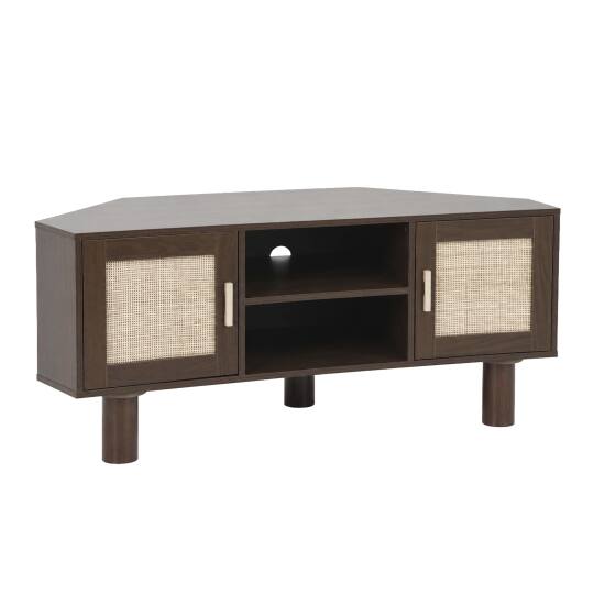 Mueble TV efecto madera 120 cm de ratán sintético estilo escandinavo | Oviala