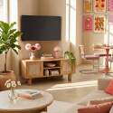 Mueble TV efecto madera 120 cm de ratán sintético estilo escandinavo