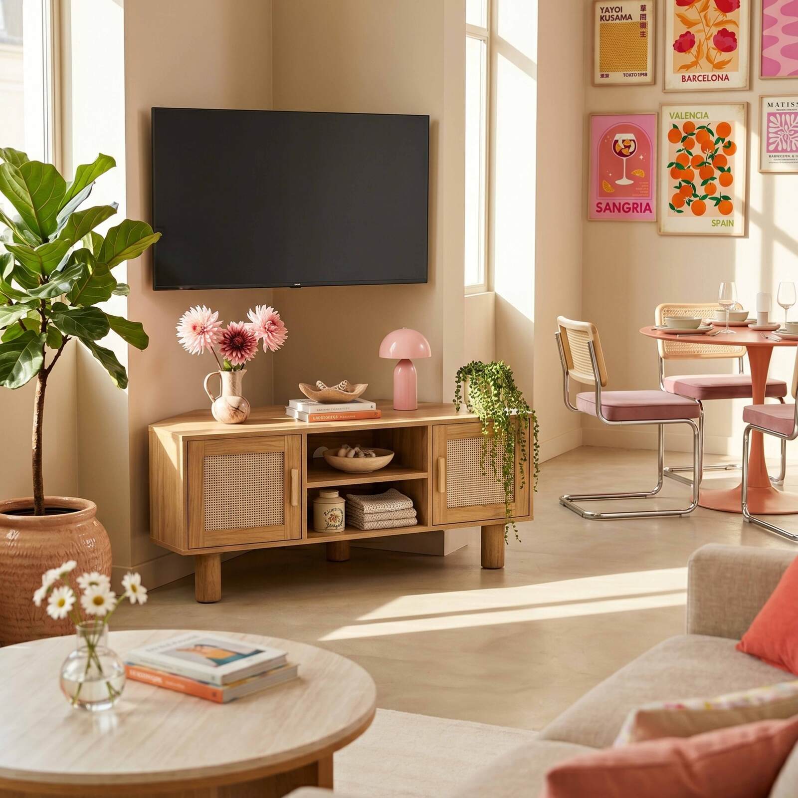 Mueble TV efecto madera 120 cm de ratán sintético estilo escandinavo