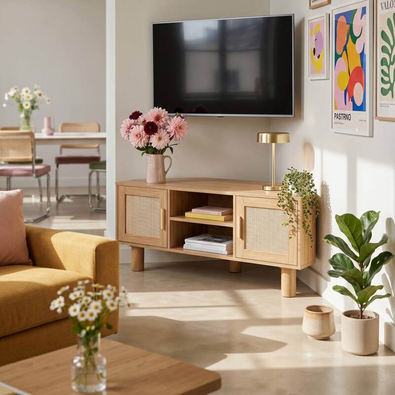 Mueble TV efecto madera 120 cm de ratán sintético estilo escandinavo (8/9)