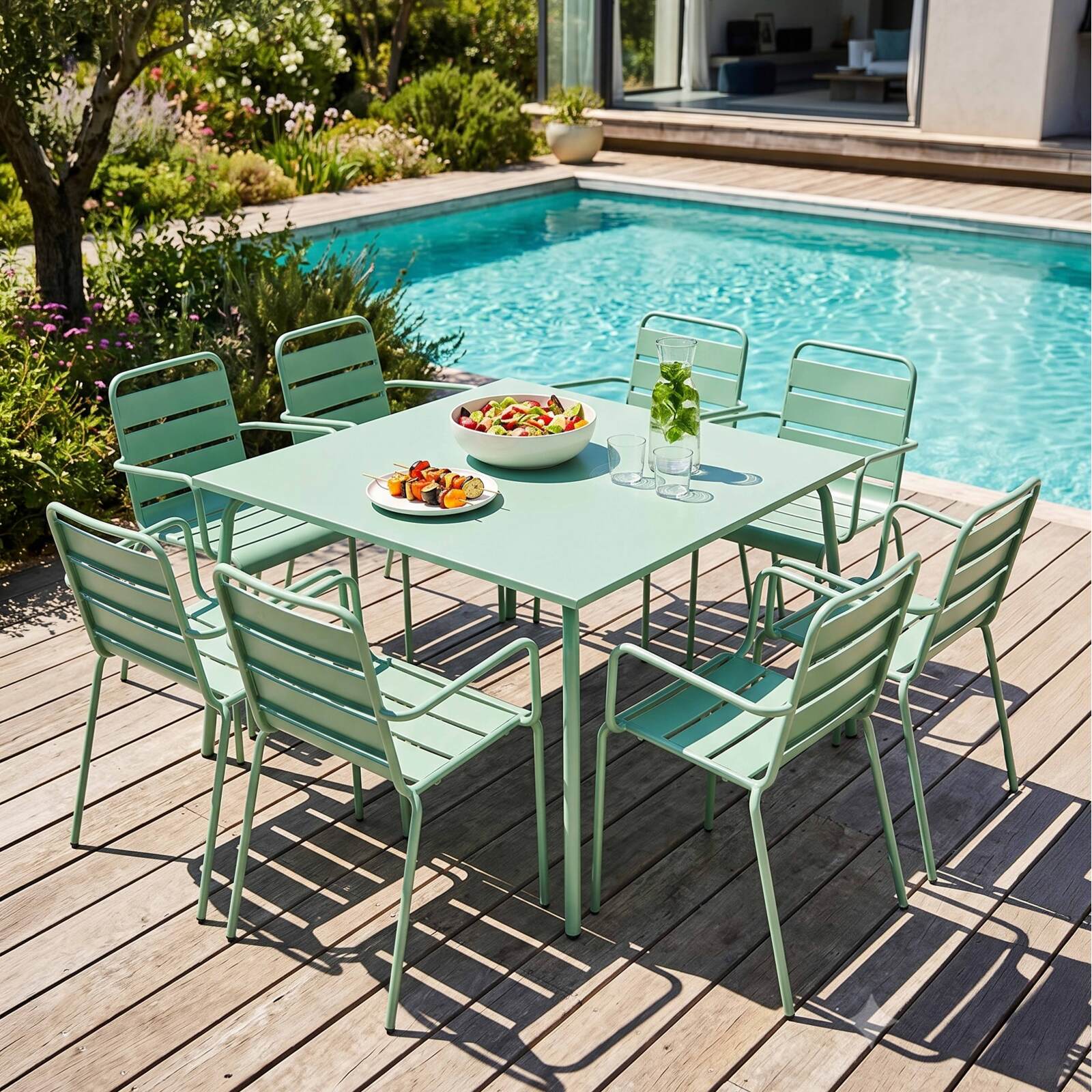Mesa de jardín cuadrada de metal 120x120 cm y 8 sillas con reposabrazos