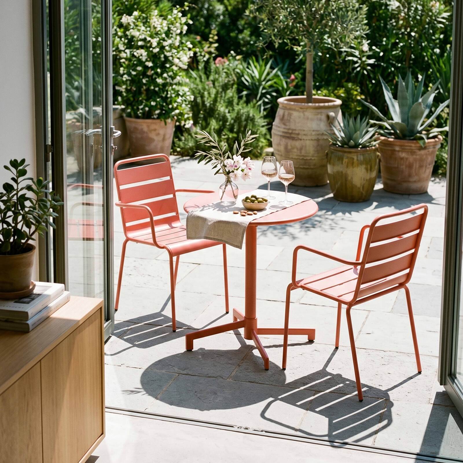 Mesa de jardín bistro redonda inclinable de metal con pie emprotado 70x70 cm y 2 sillas con reposabrazos