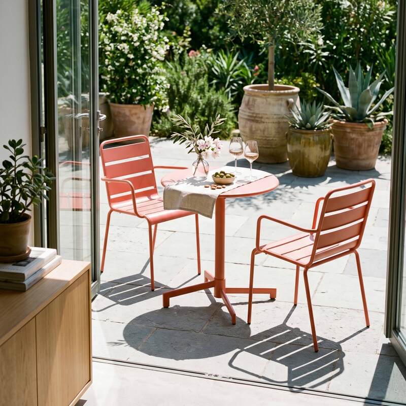 Mesa de jardín bistro redonda inclinable de metal con pie emprotado 70x70 cm y 2 sillas con reposabrazos