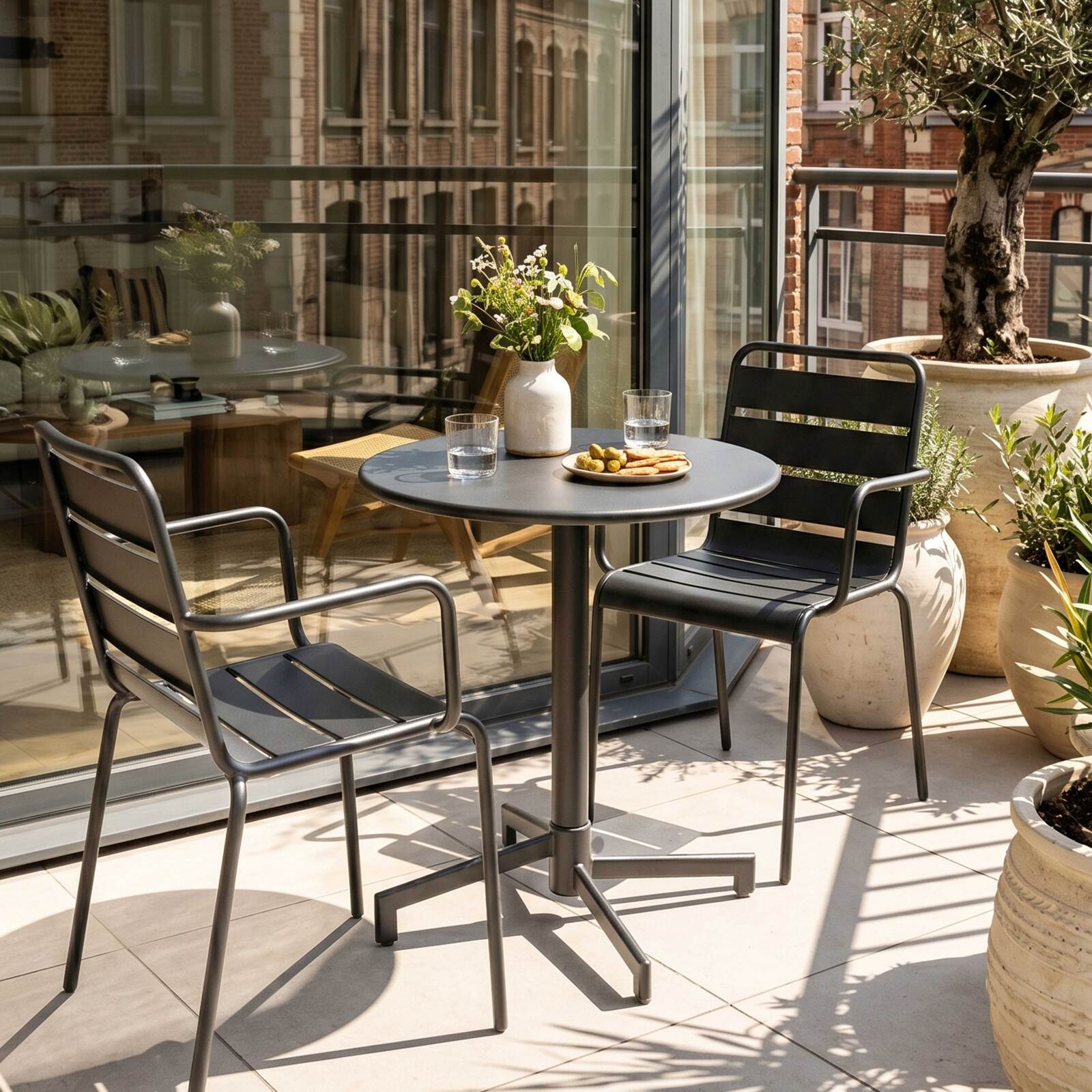 Mesa de jardín bistro redonda inclinable de metal con pie emprotado 70x70 cm y 2 sillas con reposabrazos
