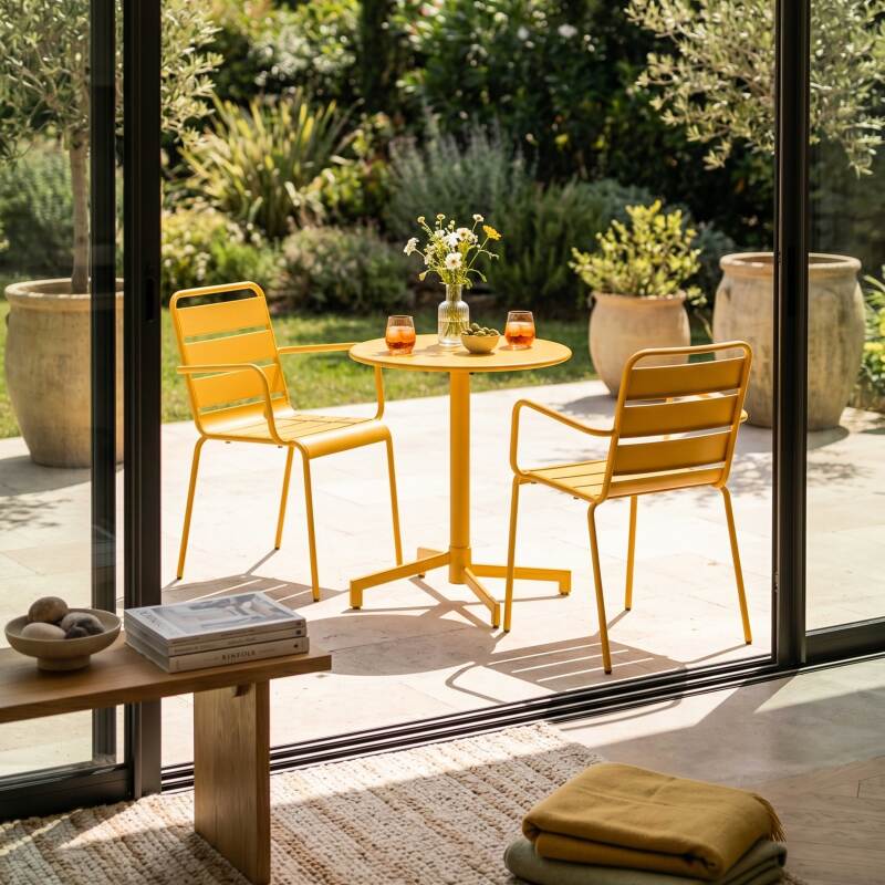 Mesa de jardín bistro redonda inclinable de metal con pie emprotado 70x70 cm y 2 sillas con reposabrazos