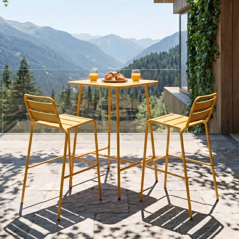 Mesa alta de jardín bistro cuadrada de metal 70x70 cm y 2 sillas altas
