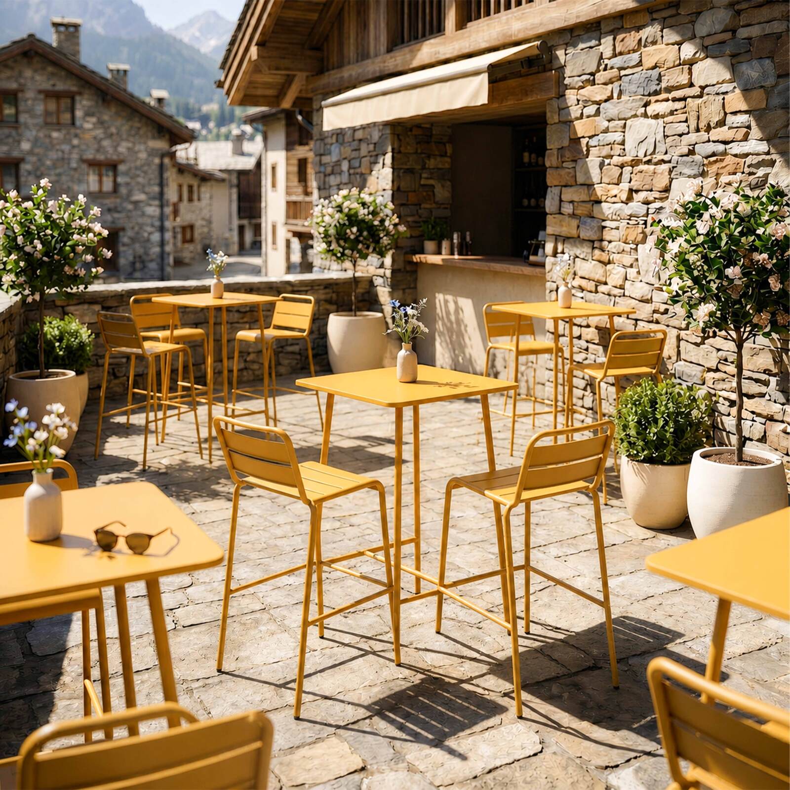 Mesa alta de jardín bistro cuadrada de metal 70x70 cm y 2 sillas altas