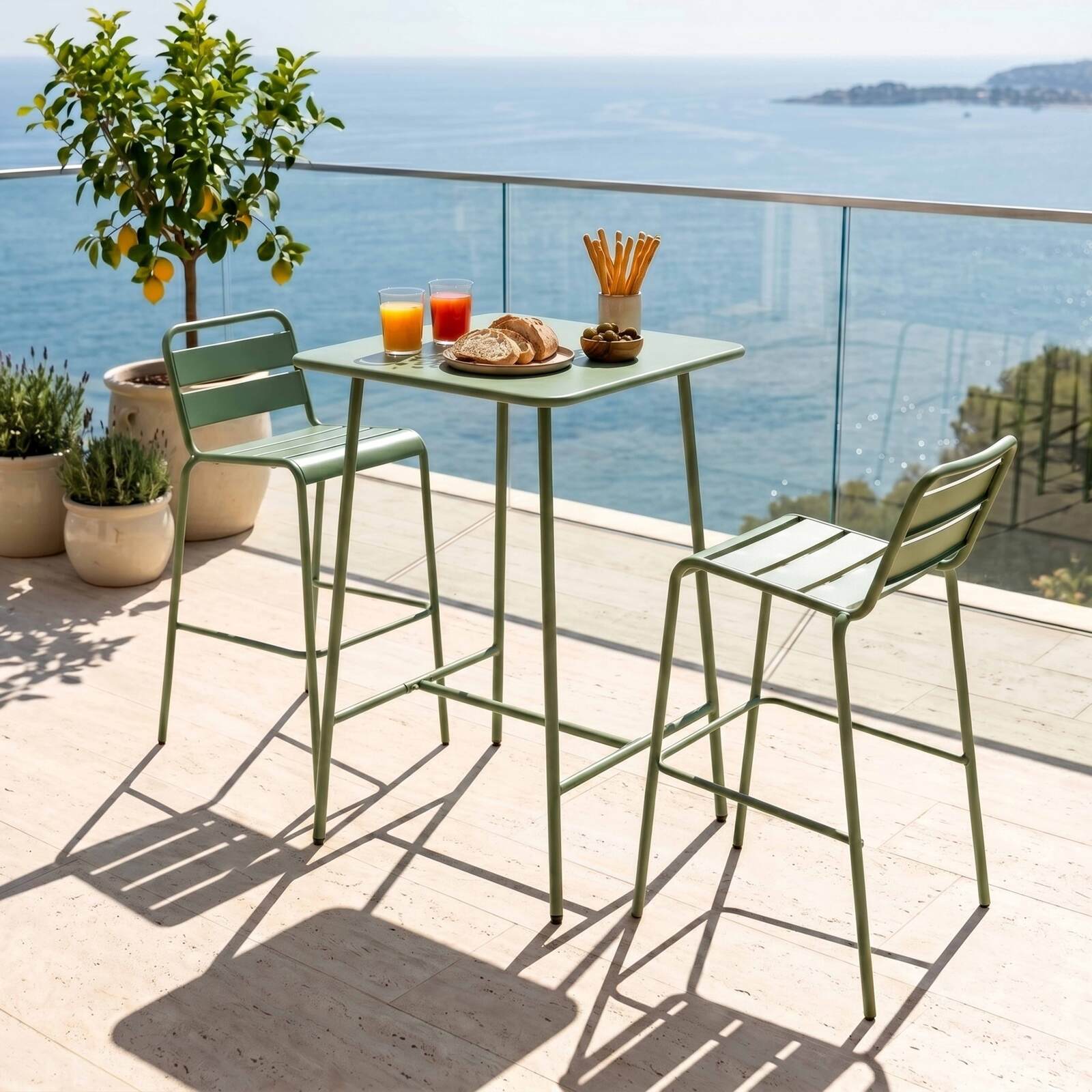 Mesa alta de jardín bistro cuadrada de metal 70x70 cm y 2 sillas altas