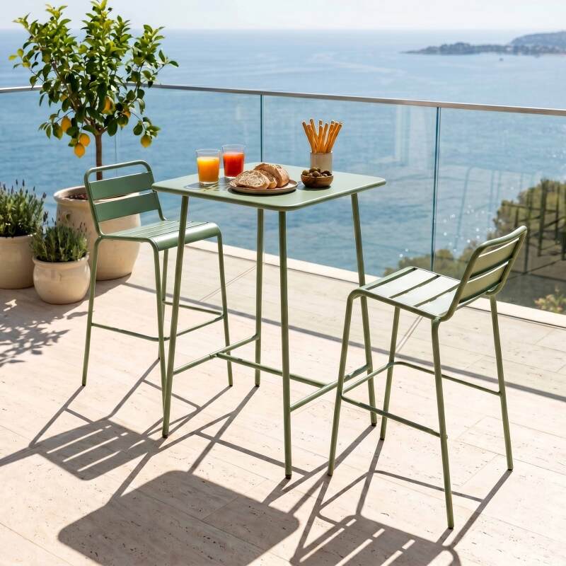 Mesa alta de jardín bistro cuadrada de metal 70x70 cm y 2 sillas altas (3/7)