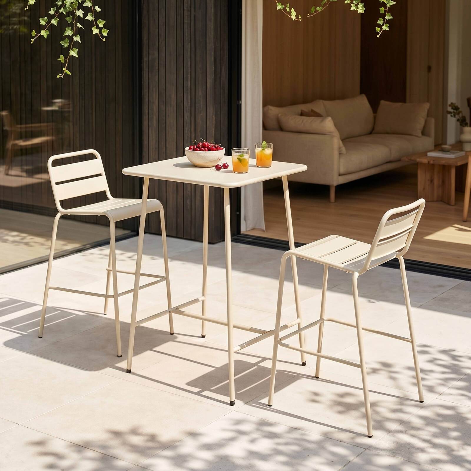 Mesa alta de jardín bistro cuadrada de metal 70x70 cm y 2 sillas altas