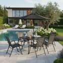Mesa de jardín de metal y vidrio 140x80 cm y 6 sillas plegables de textilene y parasol