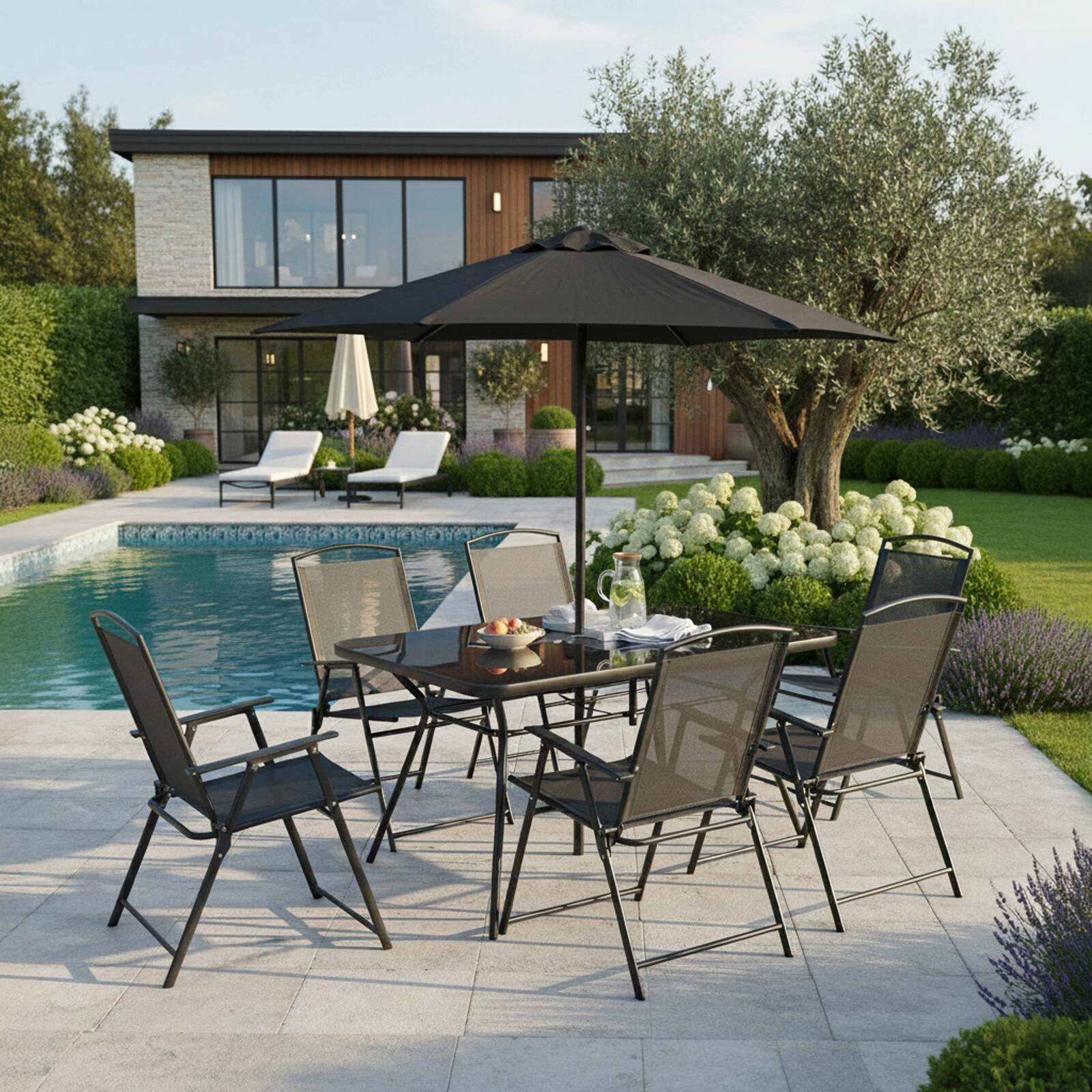 Mesa de jardín de metal y vidrio 140x80 cm y 6 sillas plegables de textilene y parasol