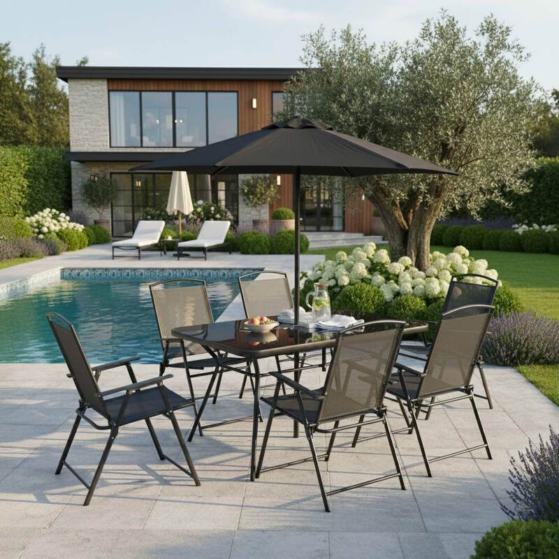 Mesa de jardín de metal y vidrio 140x80 cm y 6 sillas plegables de textilene y parasol