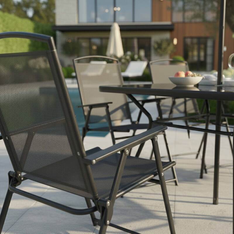 Mesa de jardín de metal y vidrio 140x80 cm y 6 sillas plegables de textilene y parasol (3/7)