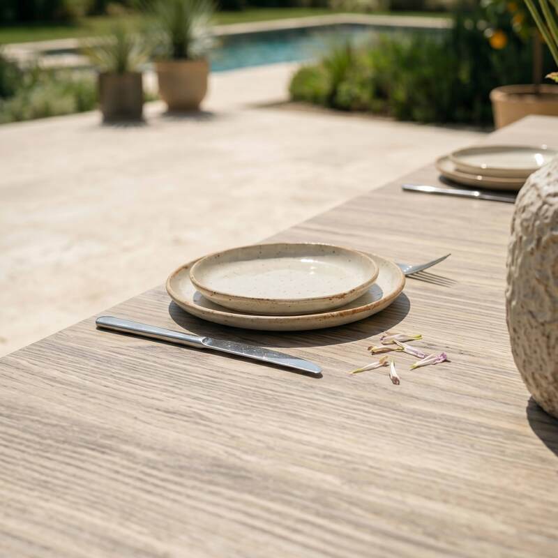 Mesa de jardín extensible de aluminio y cerámica efecto madera 8 a 12 personas 200/260x100 cm  (3/7)