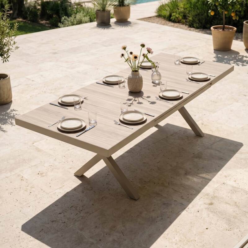 Mesa de jardín extensible de aluminio y cerámica efecto madera 8 a 12 personas 200/260x100 cm 