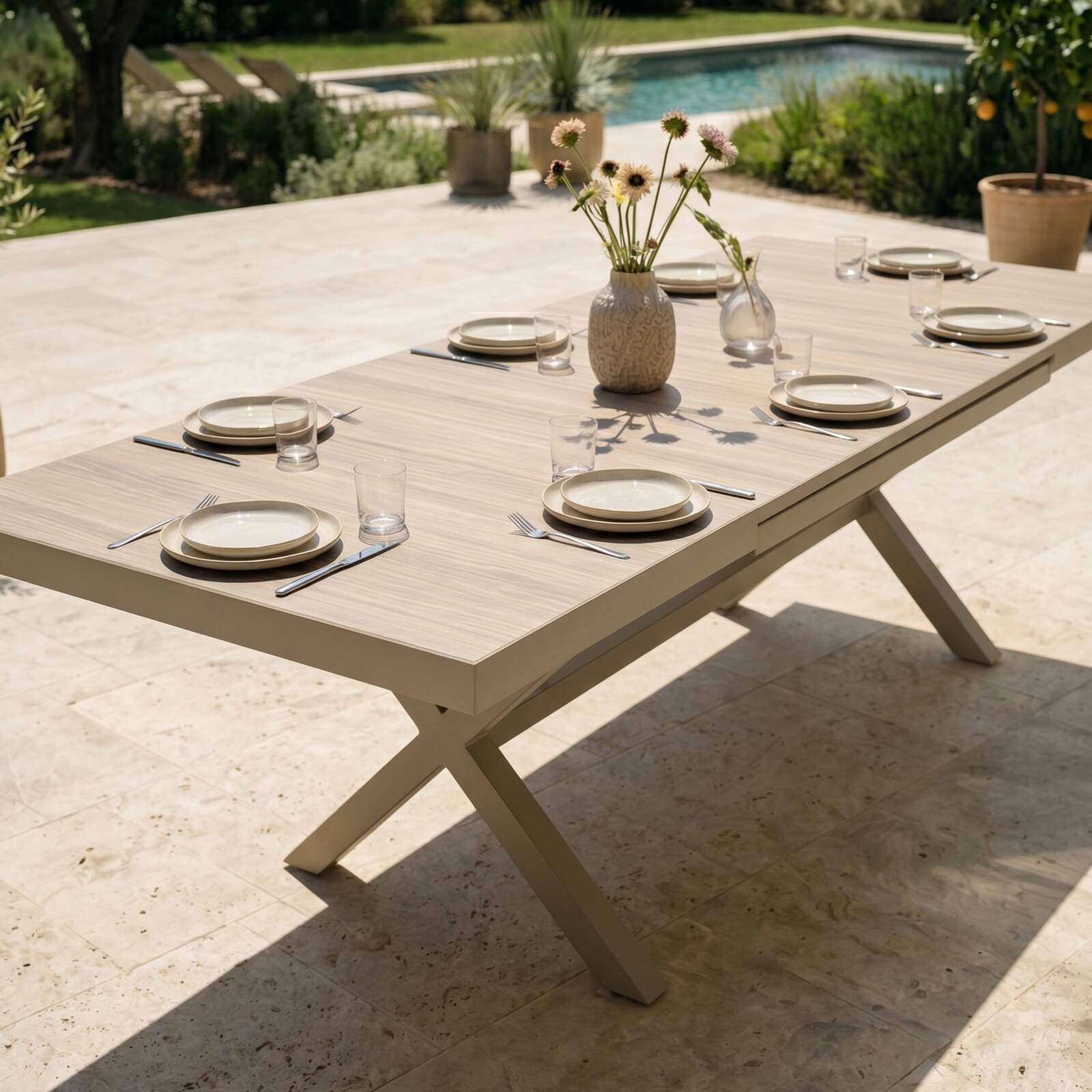 Mesa de jardín extensible de aluminio y cerámica efecto madera 200/260x100 cm y 10 sillas de textilene