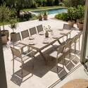 Mesa de jardín extensible de aluminio y cerámica efecto madera 200/260x100 cm y 10 sillas de textilene