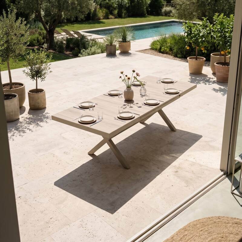Mesa de jardín extensible de aluminio y cerámica efecto madera 200/260x100 cm y 10 sillas de textilene (3/10)