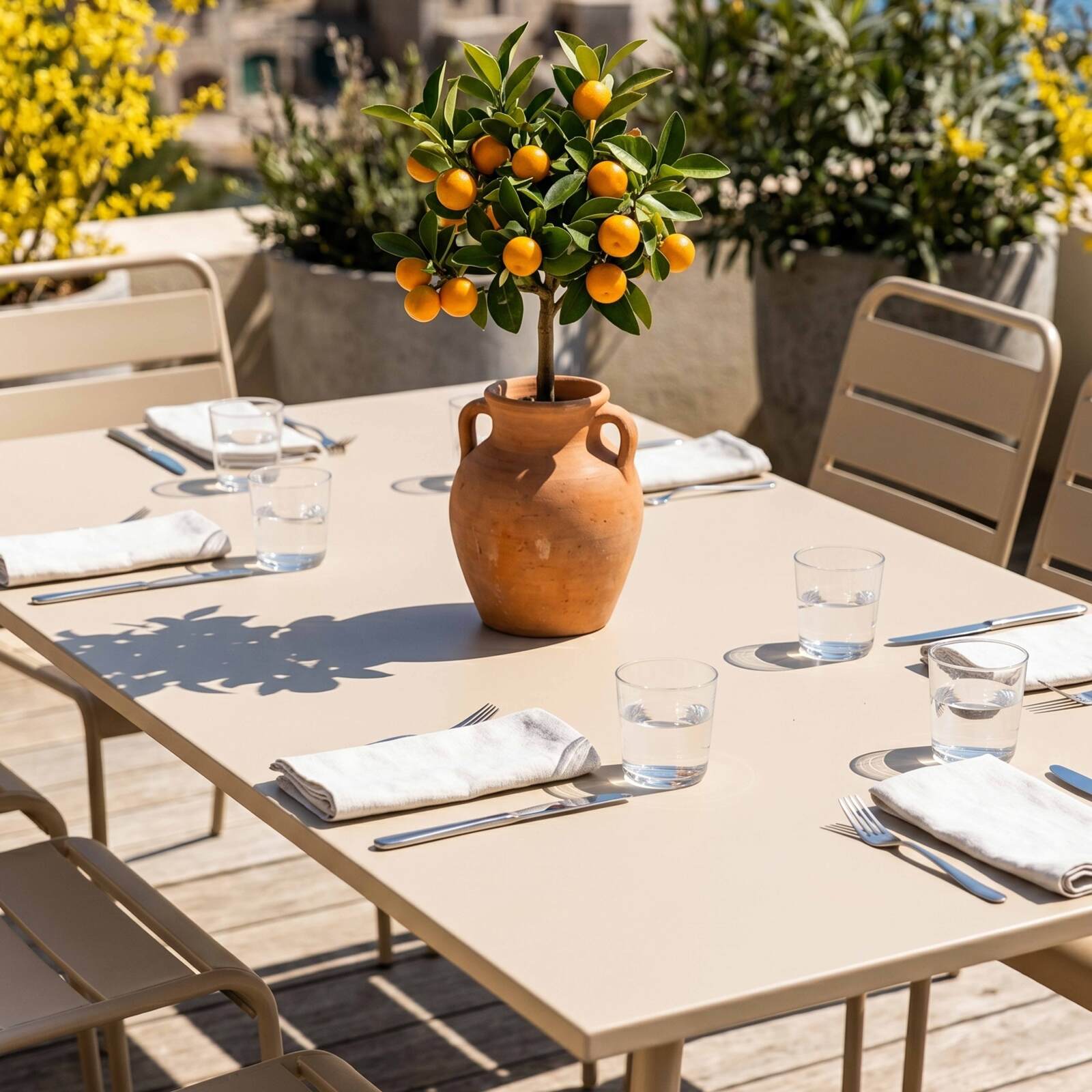 Mesa de jardín rectangular 180 x 90 cm y 8 sillas de metal apilables