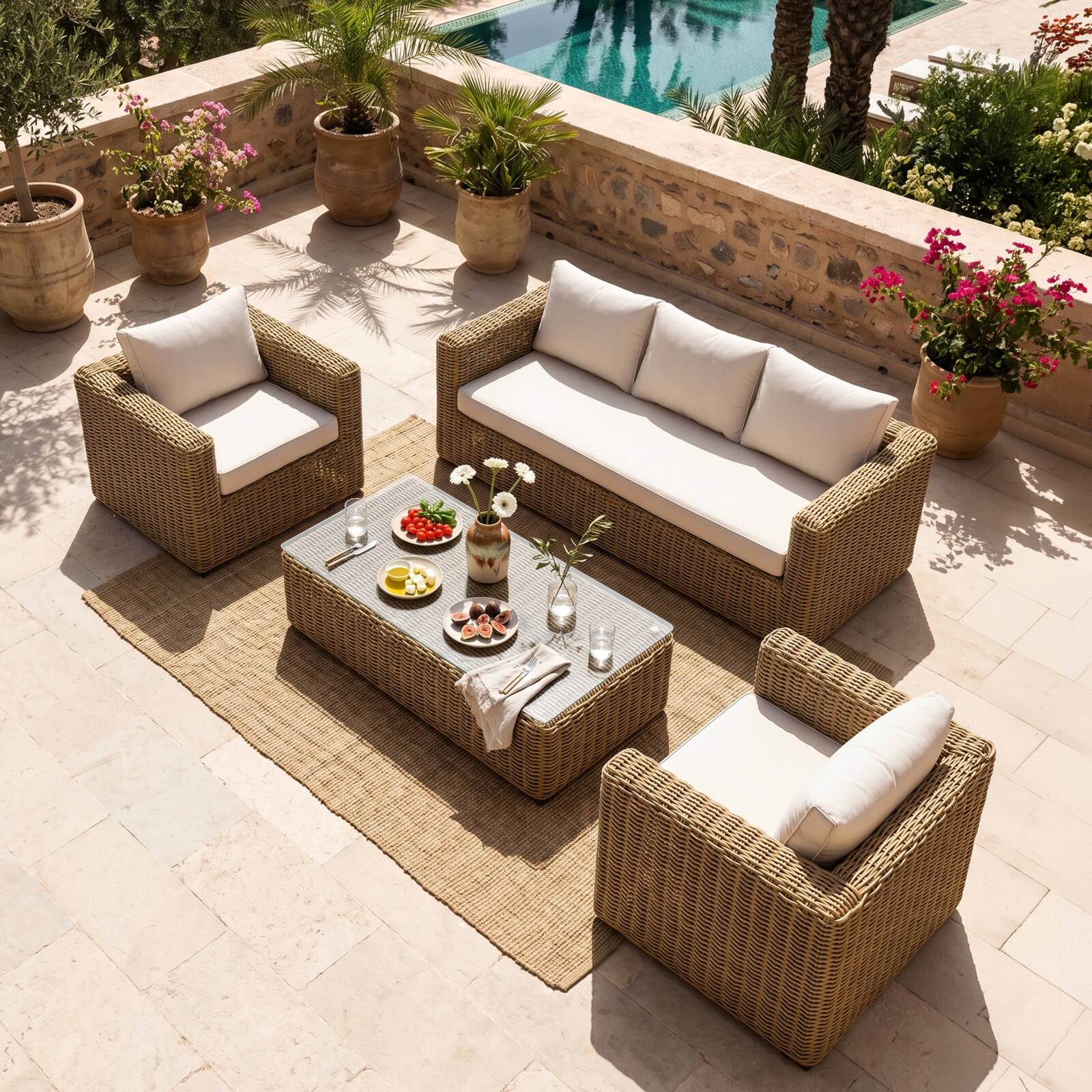 Conjunto de jardín de resina trenzada para 5 plazas con 1 sofá, 2 sillones y 1 mesa de centro