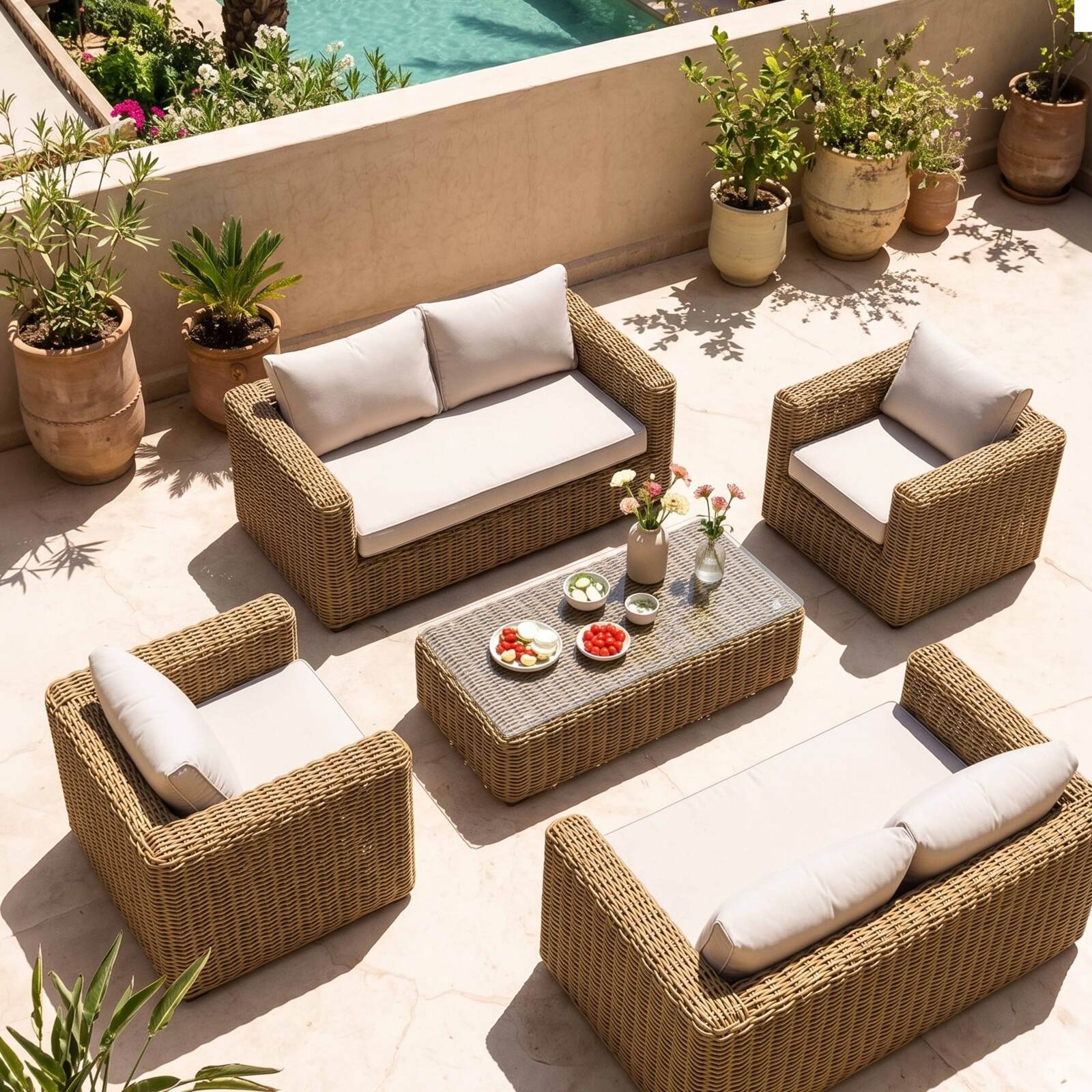 Conjunto de jardín de resina trenzada para 6 plazas con 2 sofás, 2 sillones y 1 mesa de centro