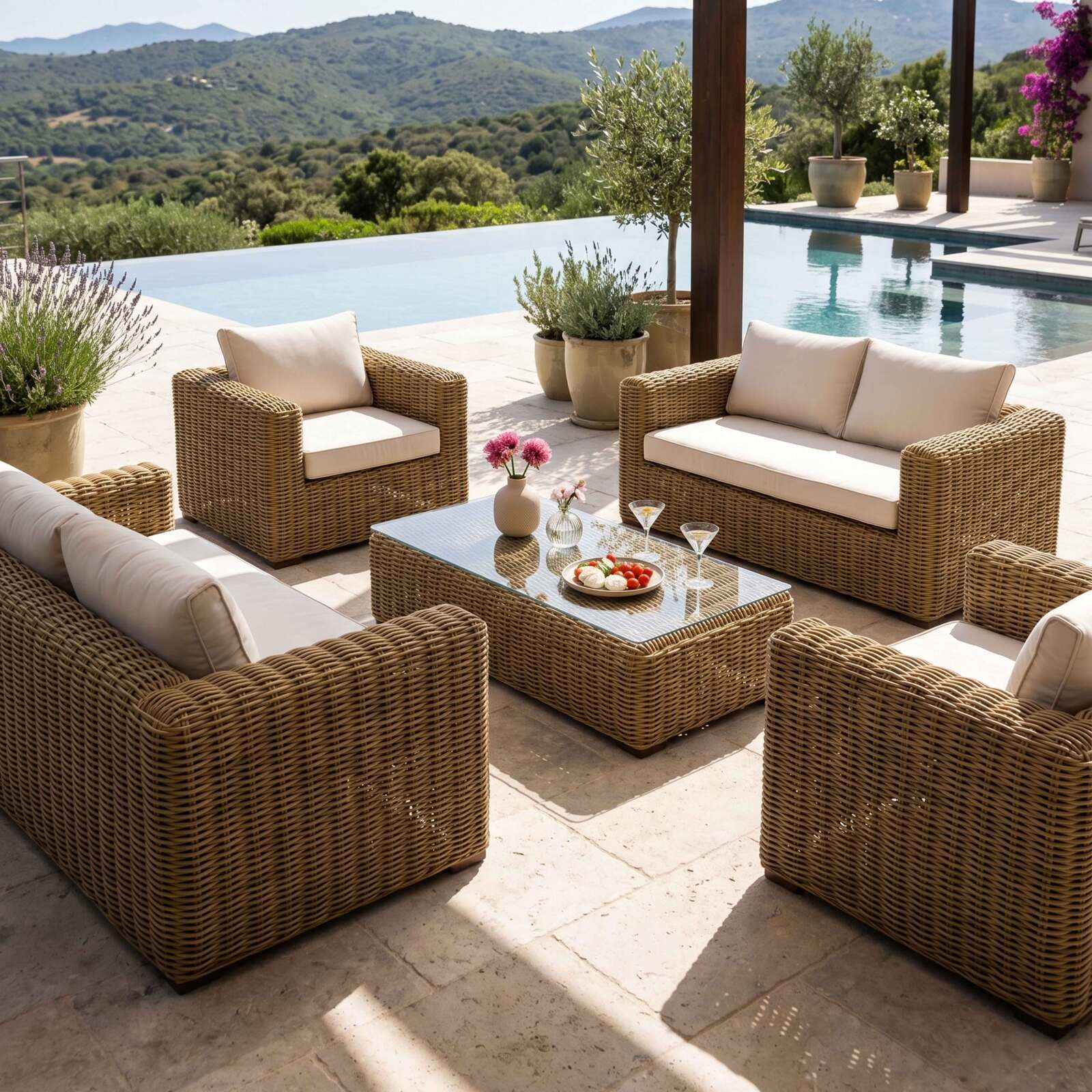 Conjunto de jardín de resina trenzada para 6 plazas con 2 sofás, 2 sillones y 1 mesa de centro