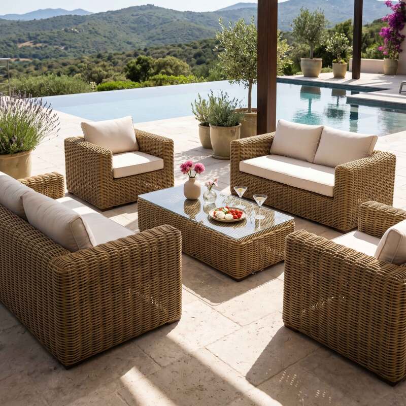 Conjunto de jardín de resina trenzada para 6 plazas con 2 sofás, 2 sillones y 1 mesa de centro (8/9)