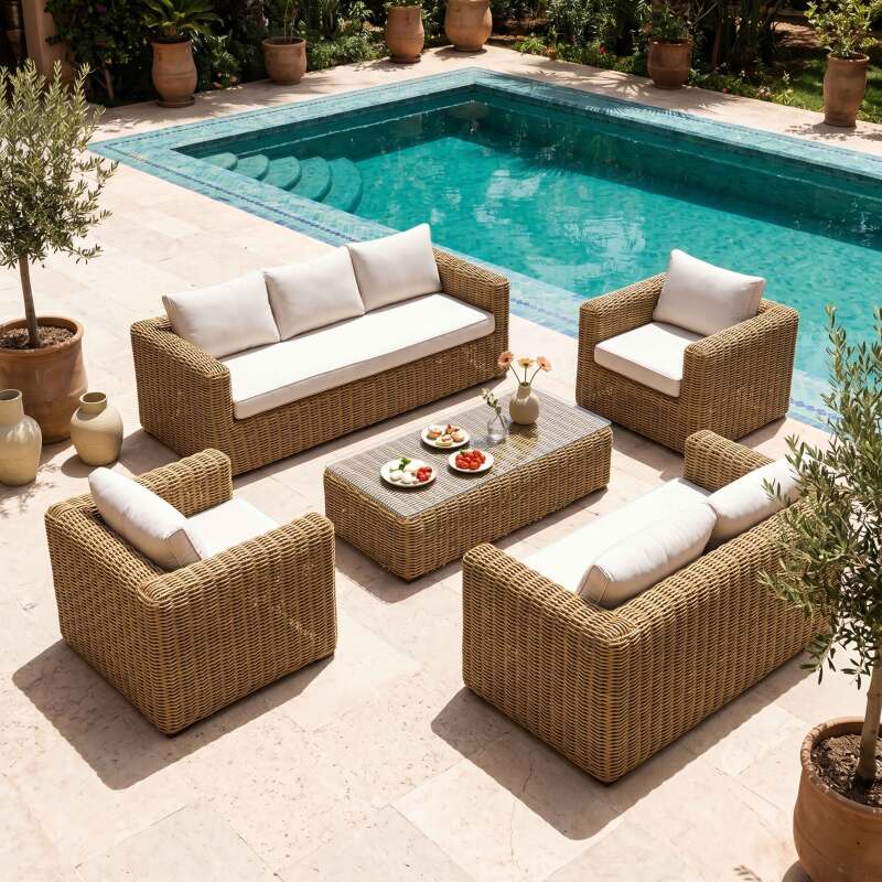 Conjunto de jardín de resina trenzada para 7 plazas con 2 sofás, 2 sillones y 1 mesa de centro