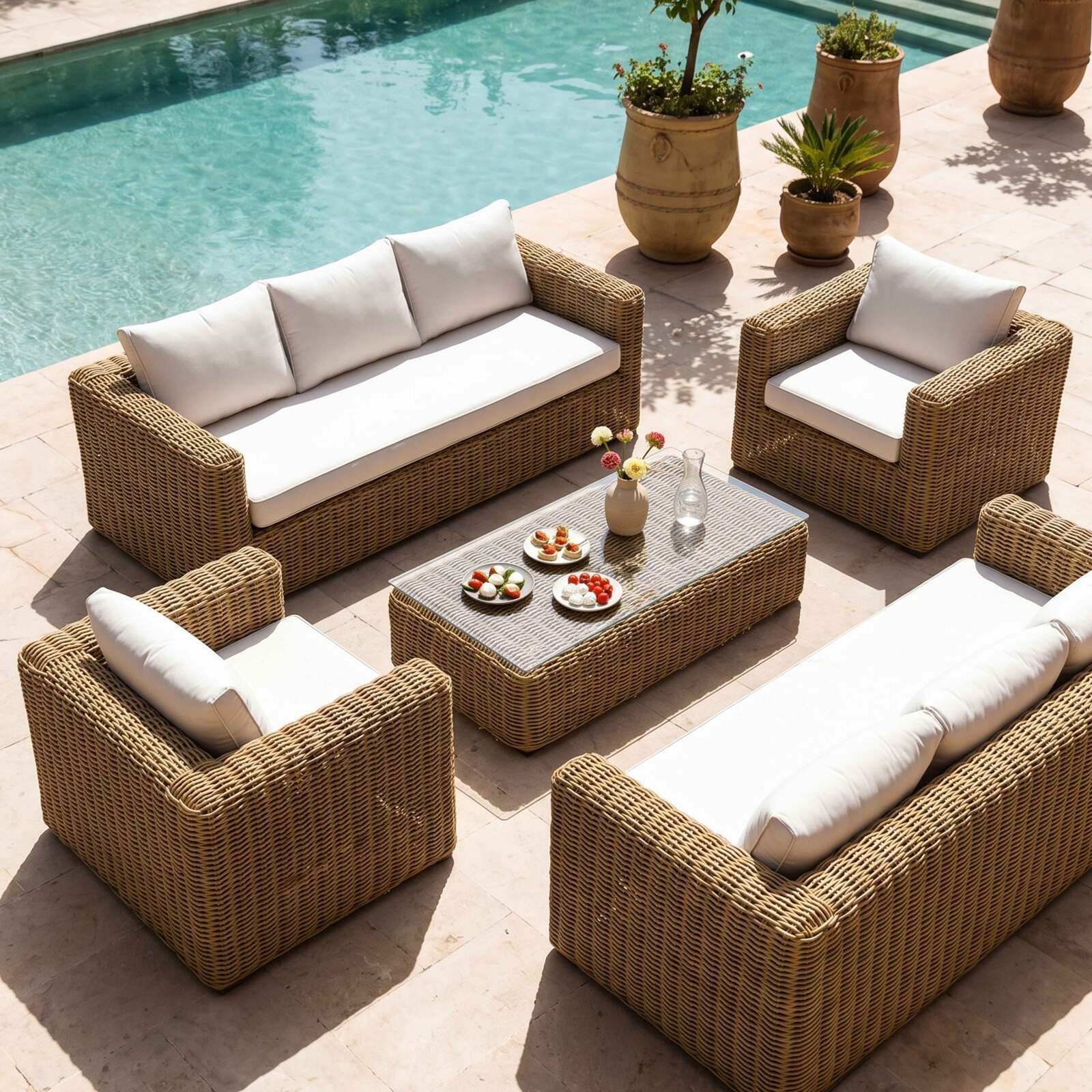 Conjunto de jardín de resina trenzada para 8 plazas con 2 sofás, 2 sillones y 1 mesa de centro