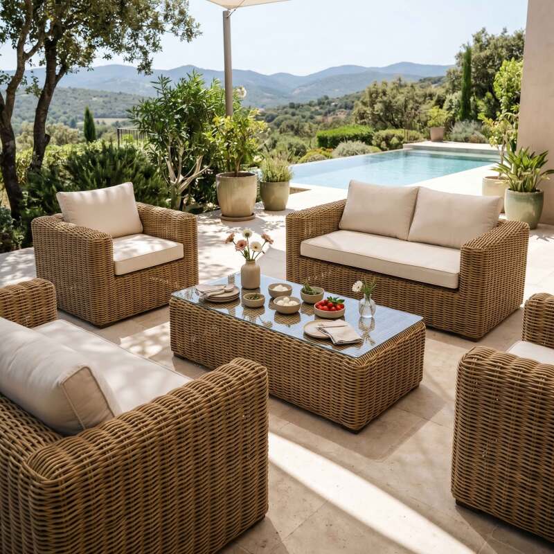 Conjunto de jardín de resina trenzada para 6 plazas con 2 sofás, 2 sillones y 1 mesa de centro (7/9)